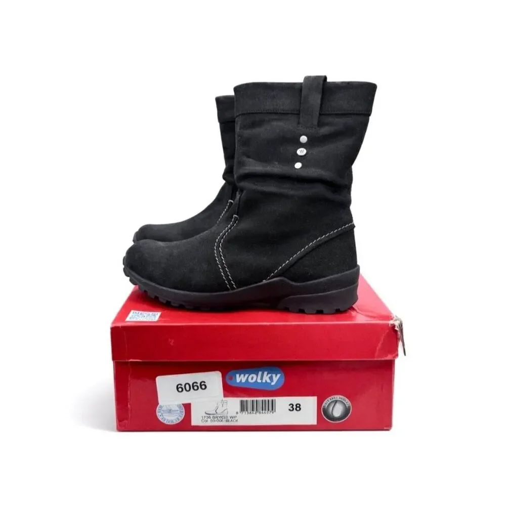 Wolky Bryce WR Oiled Leather Boot Women EU 38 Black Water Resistant Side Zip